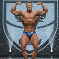 MetroMaleWear royal hologram blue shiny competition briefs with number 20 for posing and bodybuilding events