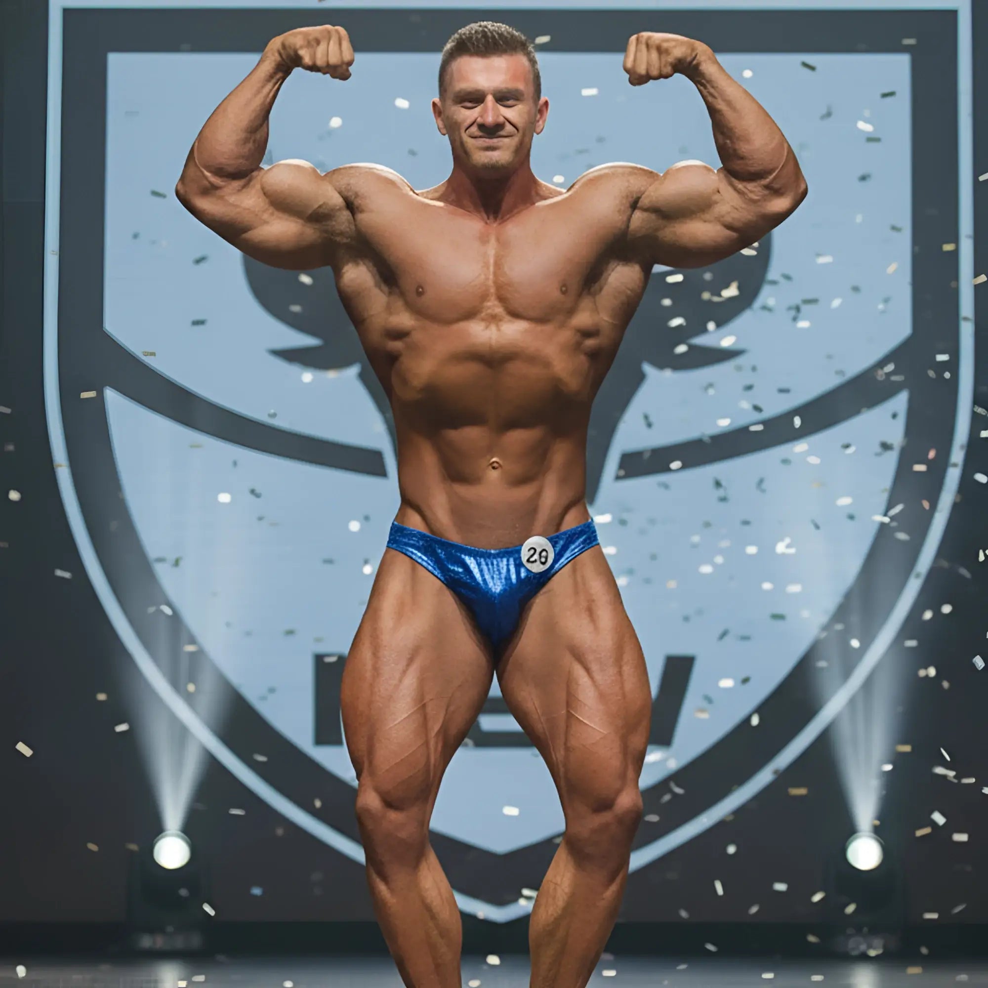 MetroMaleWear royal hologram blue shiny competition briefs with number 20 for posing and bodybuilding events