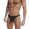 Black sheer mesh briefs with a pouch thong design and red white MetroMaleWear brand tag on the waistband