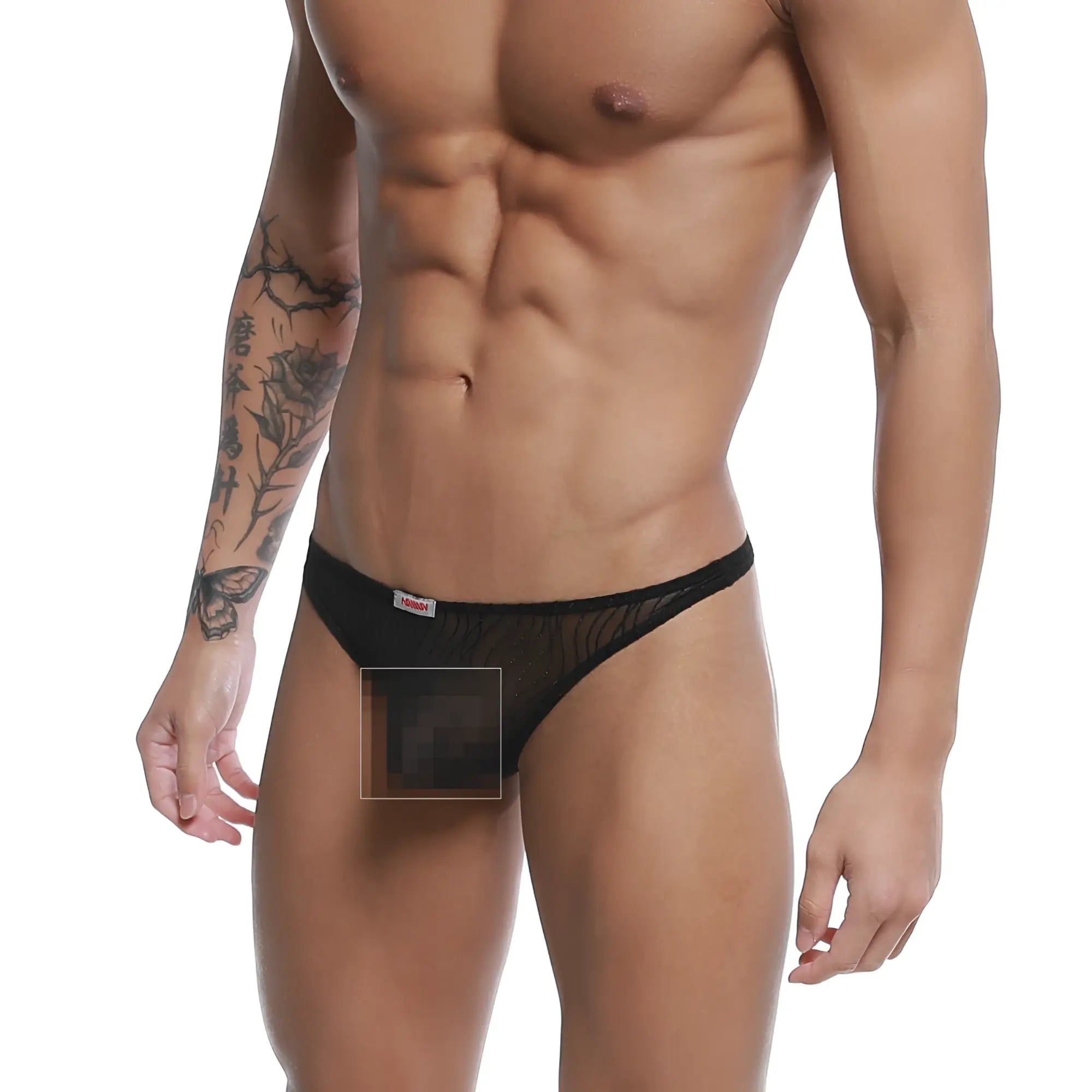 Black sheer mesh briefs with a pouch thong design and red white MetroMaleWear brand tag on the waistband