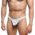 White briefs with black geometric and mustache pattern featuring MetroMaleWear branded waistband tag pouch thong caballero 2302-03