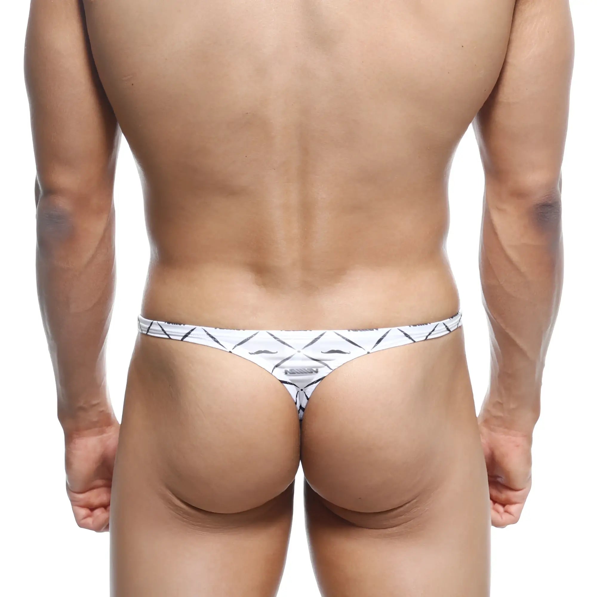 White thong with black geometric pattern and small metallic logo at center by metroMalewear pouch thong caballero 2302-03