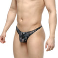 MetroMaleWear pouch thong camo green 2302-93 black and gray camouflage mesh with small white brand tag at waistband