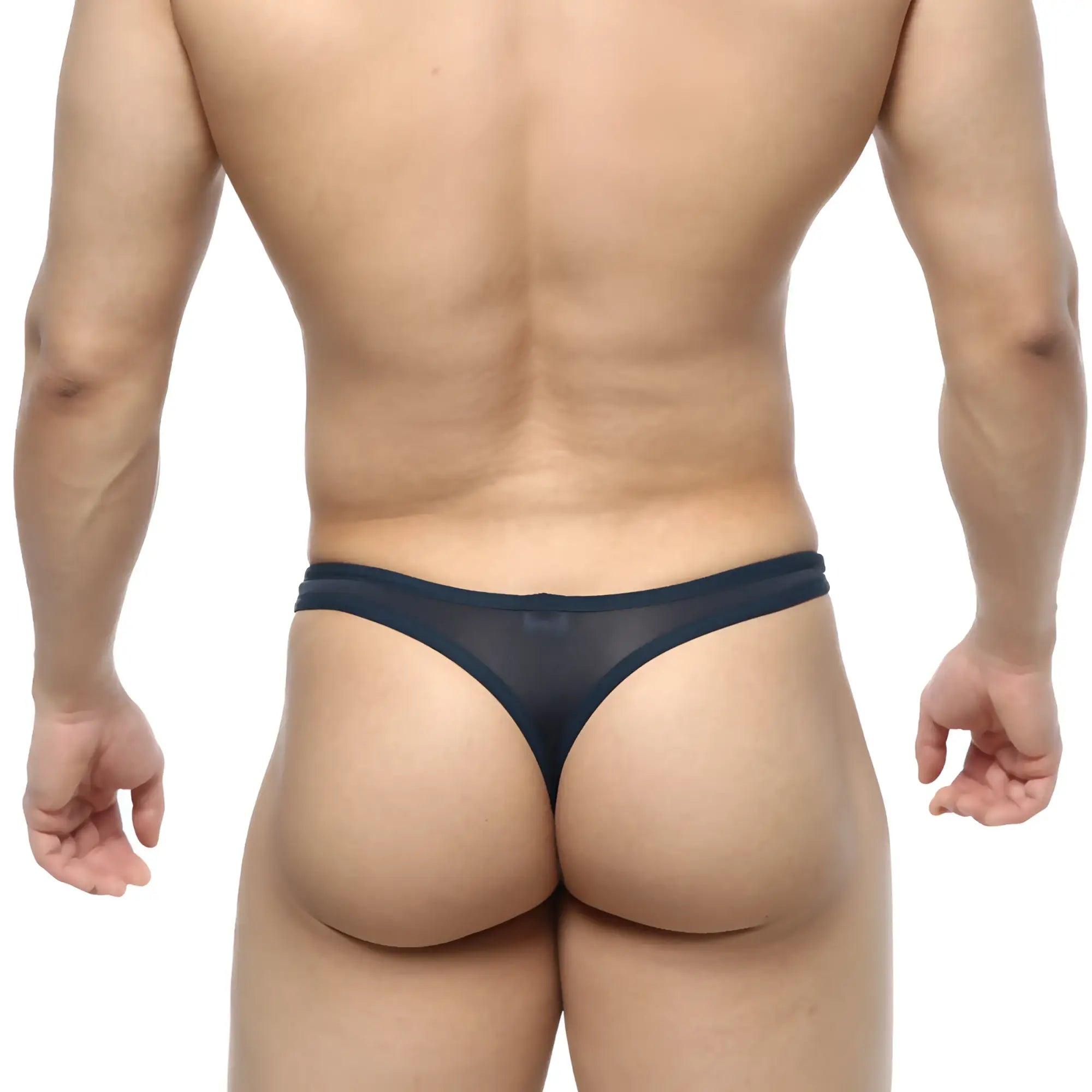 MetroMaleWear pouch thong navy 2302-28 featuring black sheer mesh with a solid waistband front view