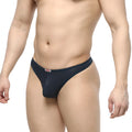 Navy blue sheer mesh pouch thong by MetroMaleWear with a small red and white brand tag on the waistband