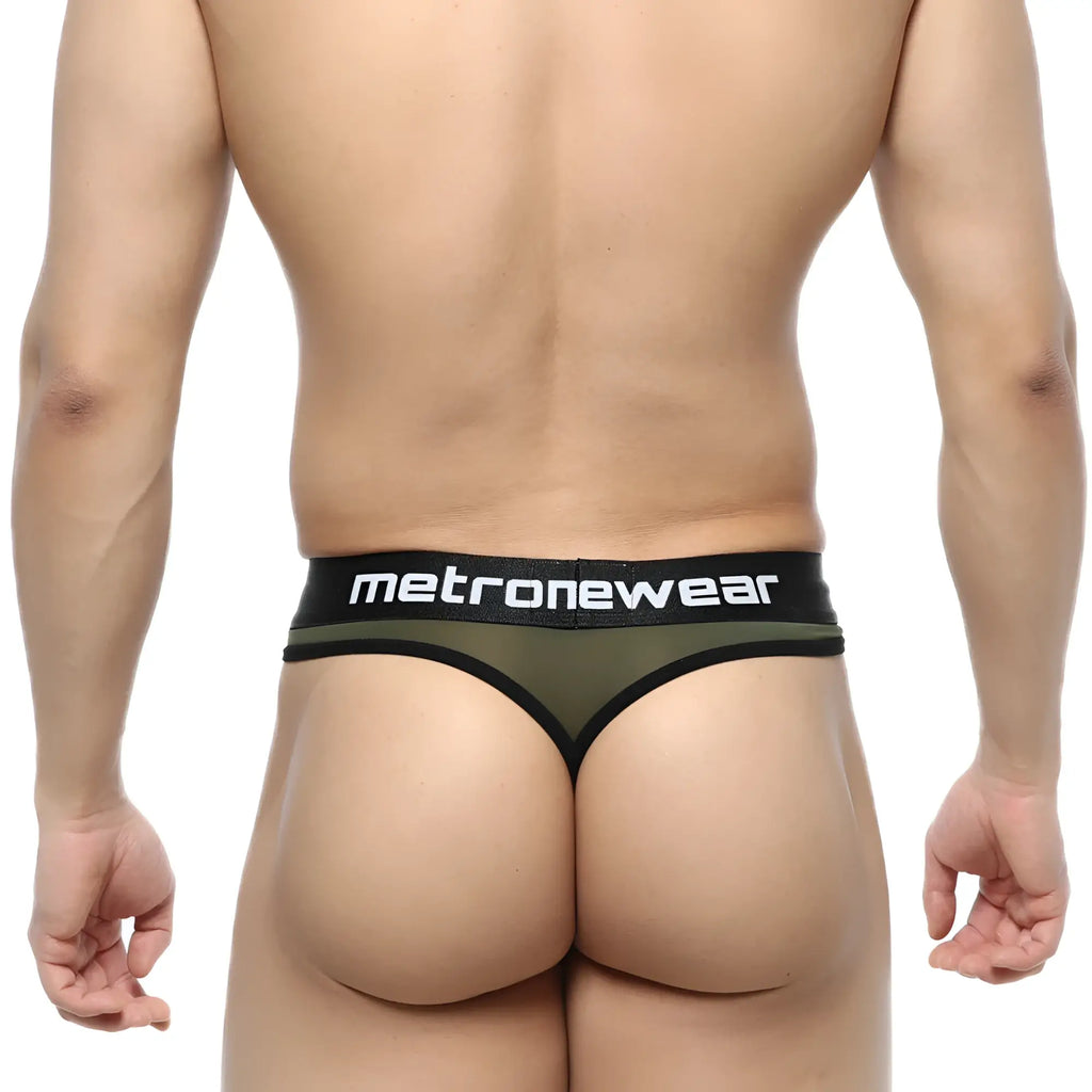 Olive green mesh thong with black trim and waistband featuring white metroNewear logo Prado thong green 5122-26