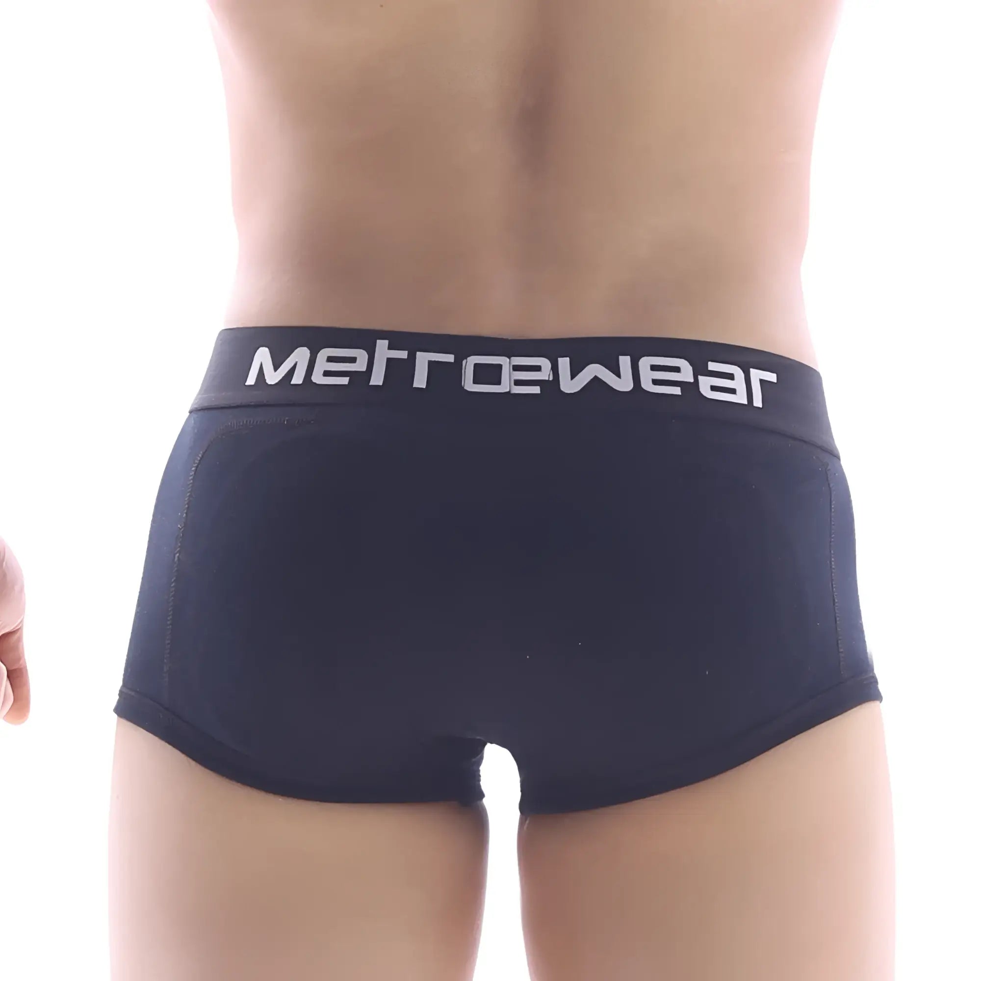 Black metrowear premium padded briefs with a white logo on the waistband for comfortable everyday wear
