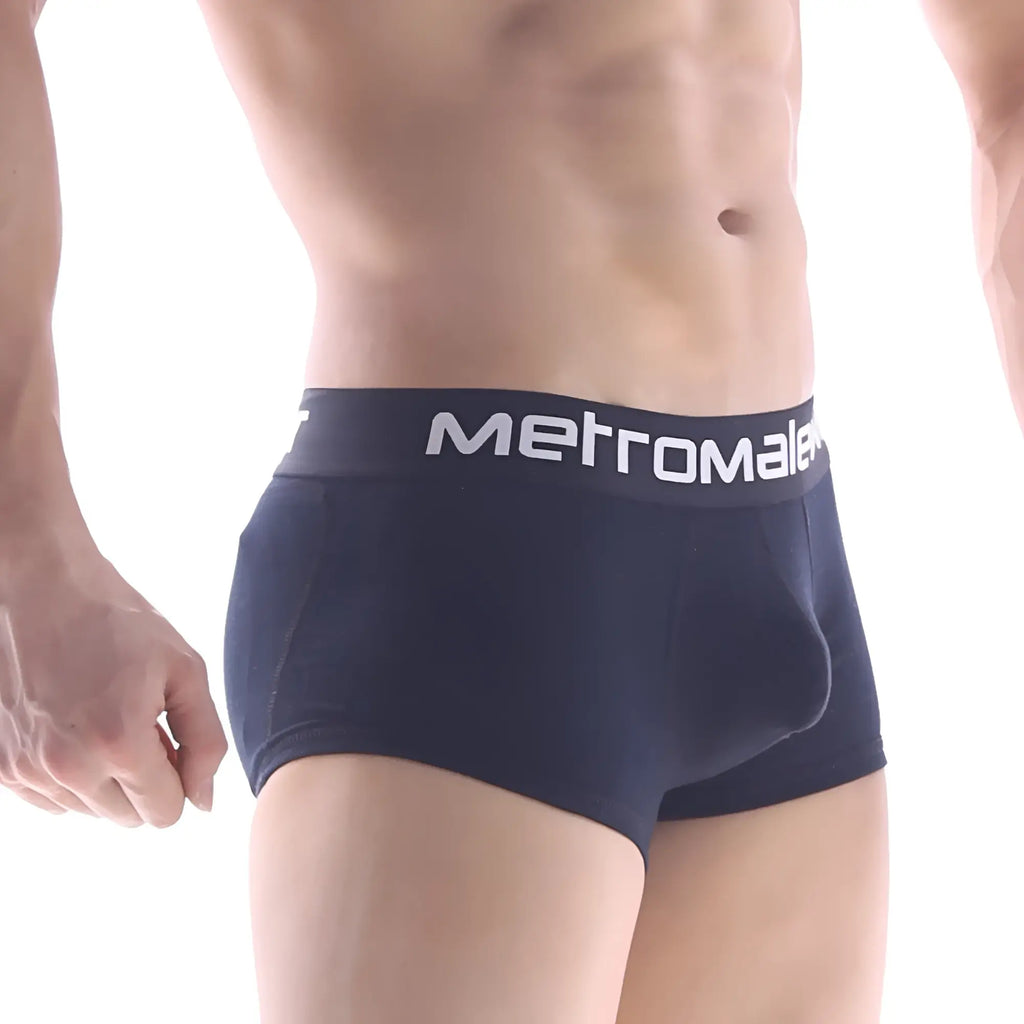 Navy blue metromale briefs with white logo band featuring premium padded boxer design for comfortable support
