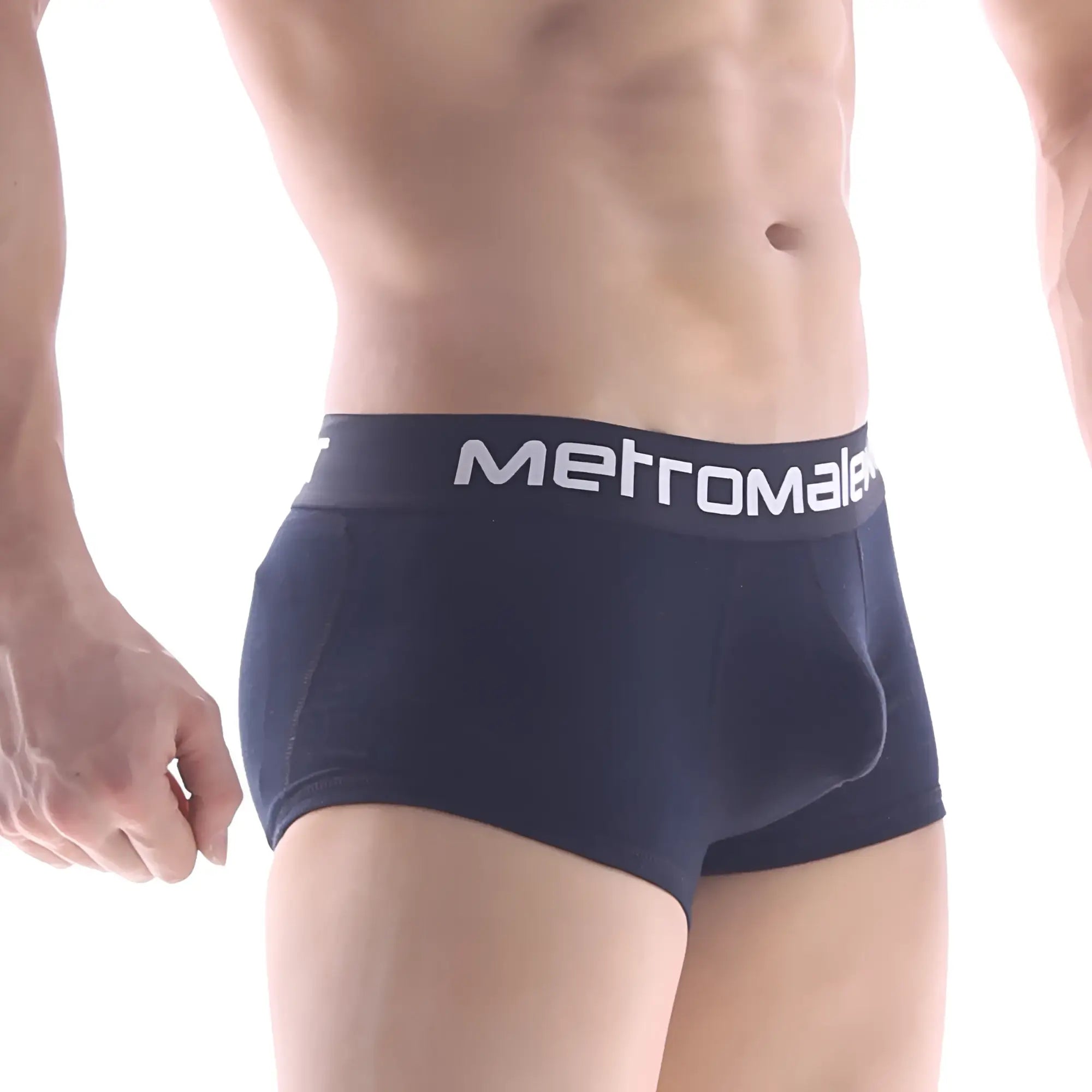 Navy blue metromale briefs with white logo band featuring premium padded boxer design for comfortable support