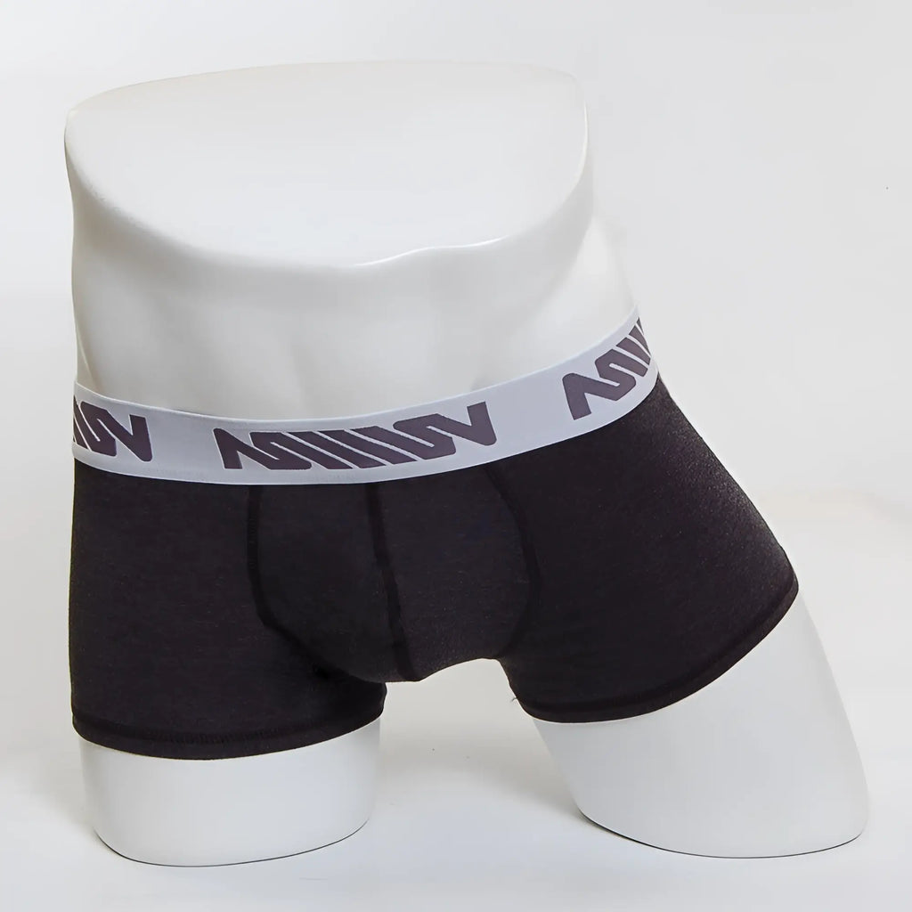 Black men’s boxer briefs with gray waistband and million logo heather fabric metroamalewear premium padded design