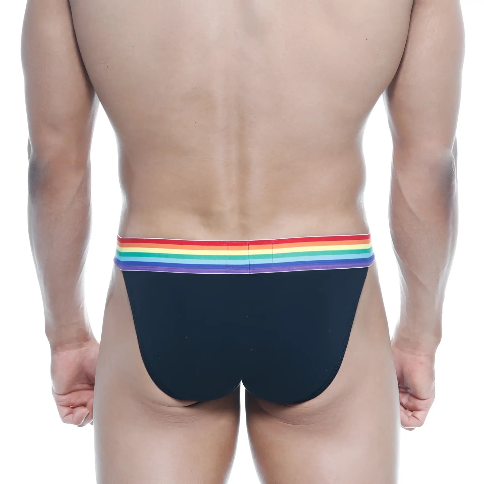 Black MetroMaleWear Pride bikini briefs with rainbow-striped elastic waistband designed for comfort and style