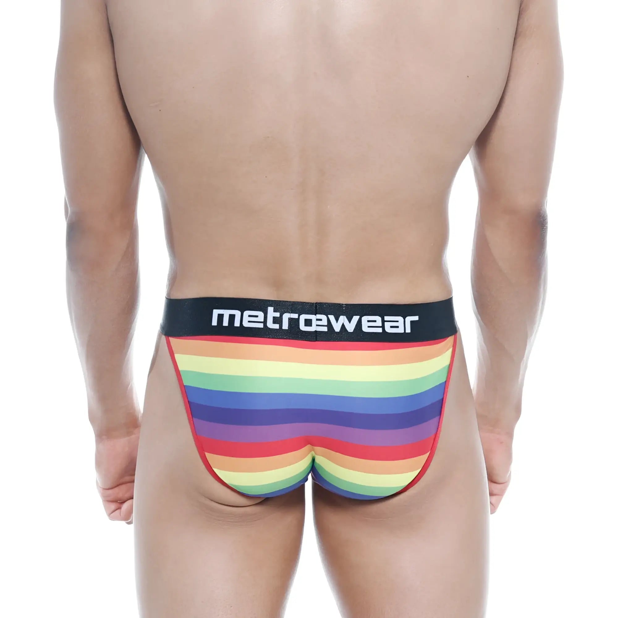 MetroMaleWear Pride bikini rainbow striped men’s briefs with black waistband featuring metrowear branding in white