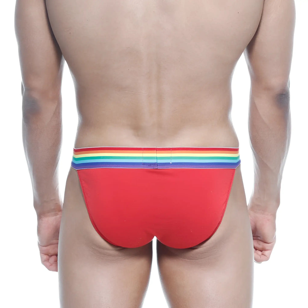 MetroMalewear pride bikini red briefs with rainbow-striped waistband in soft breathable fabric