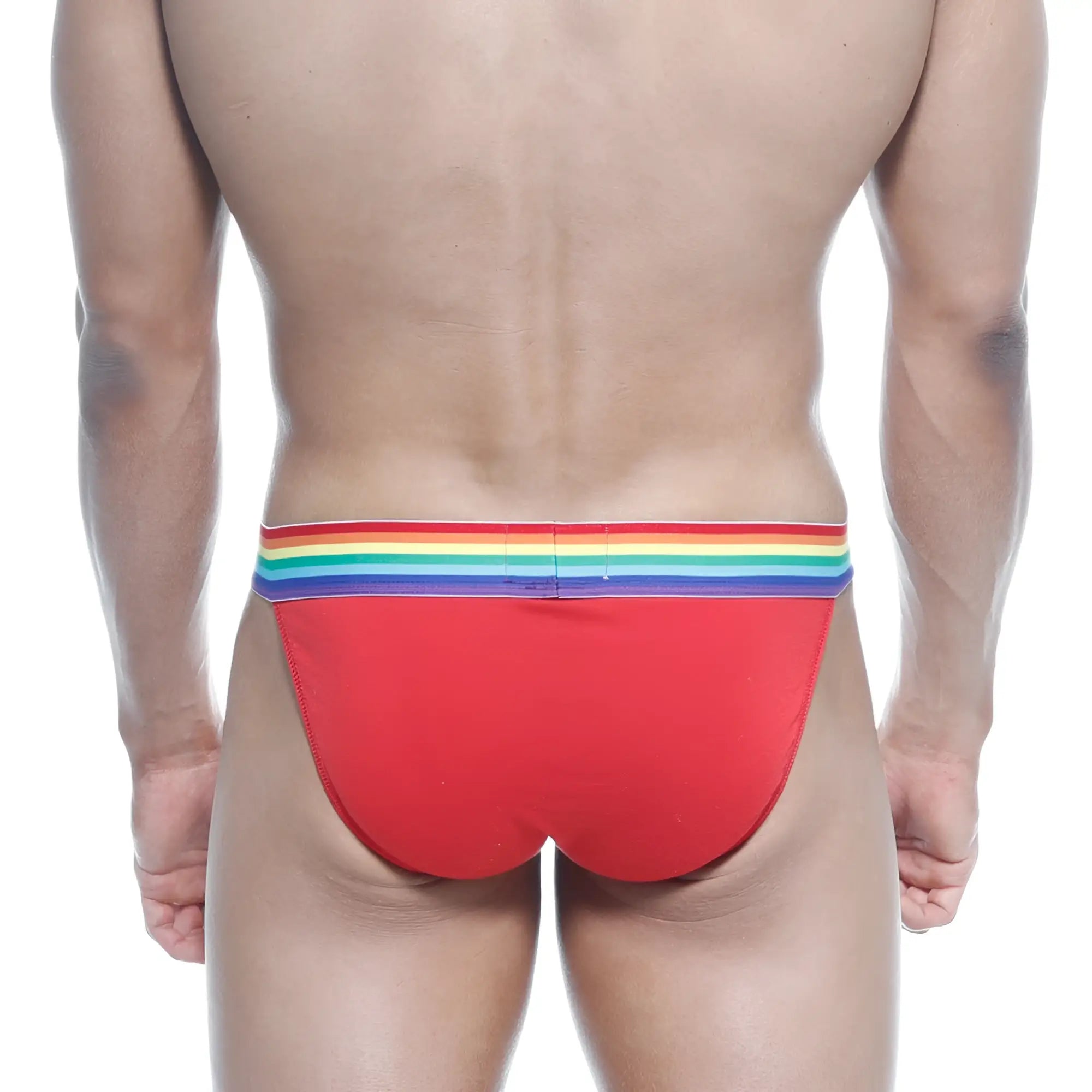MetroMalewear pride bikini red briefs with rainbow-striped waistband in soft breathable fabric
