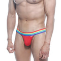 Red thong bikini with rainbow-striped waistband by metromalewear pride collection in vibrant red color