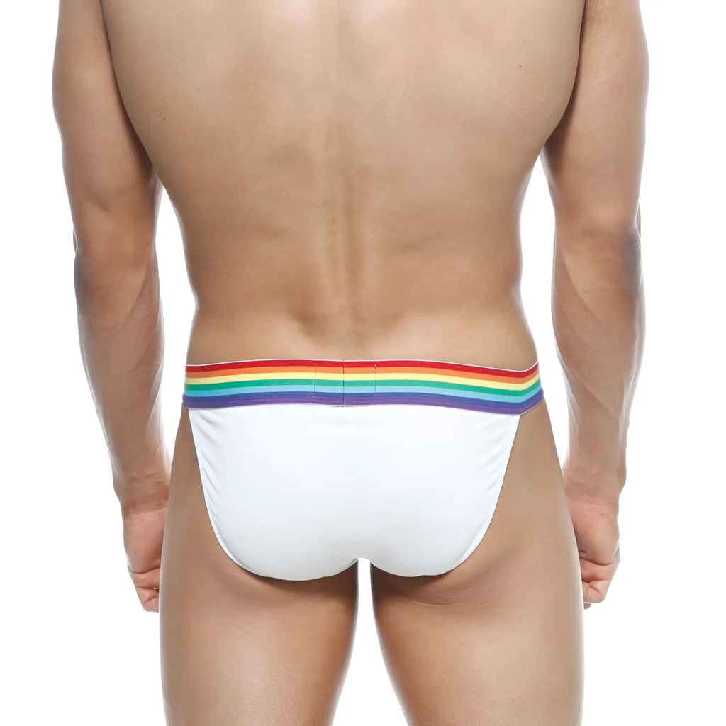 Metro male wear pride bikini white briefs with rainbow elastic waistband in soft breathable fabric