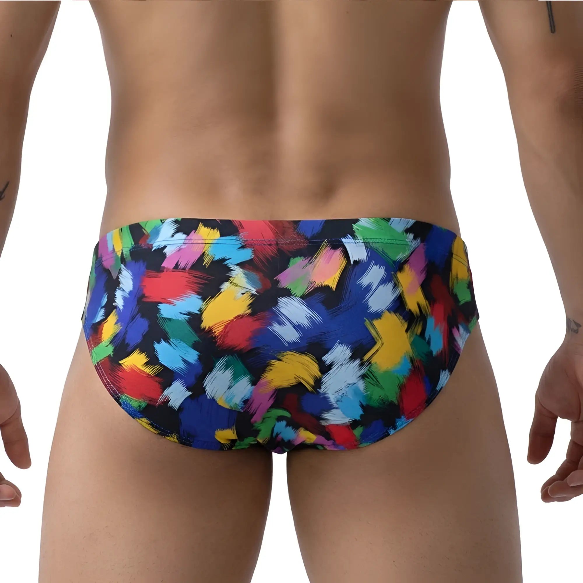 PrimomaleWear Primavera Bikini 5103-M84 swim trunks with vibrant abstract brushstroke pattern in bold colors on black base