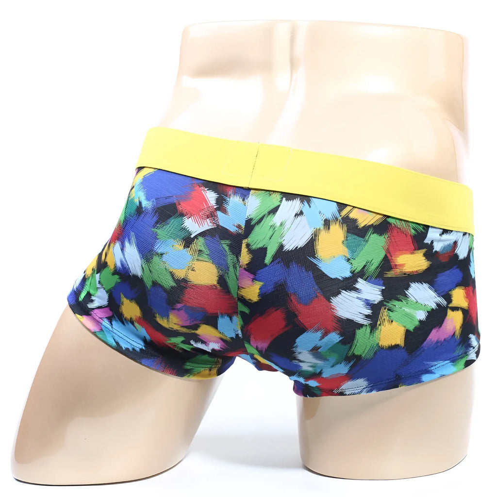 MetroMaleWear primavera short boxer 2026-58 men’s briefs with colorful abstract brushstroke pattern and yellow waistband