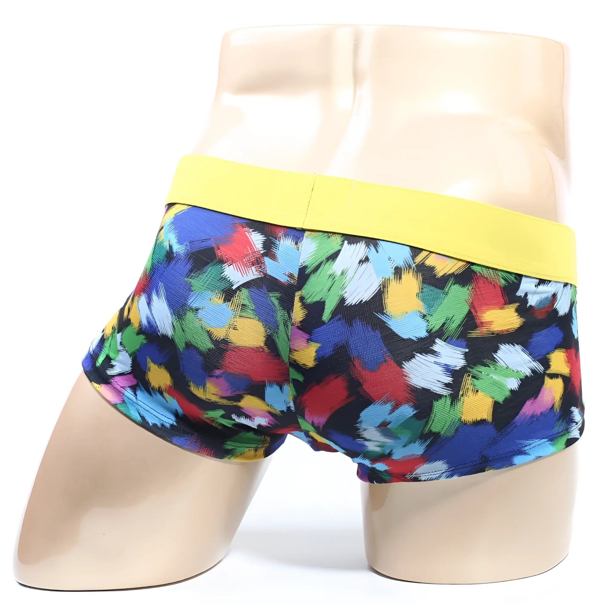 MetroMaleWear primavera short boxer 2026-58 men’s briefs with colorful abstract brushstroke pattern and yellow waistband