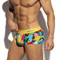 Vibrant multicolored paint-splatter briefs with bold yellow mniw waistband metro male wear primavera short boxer
