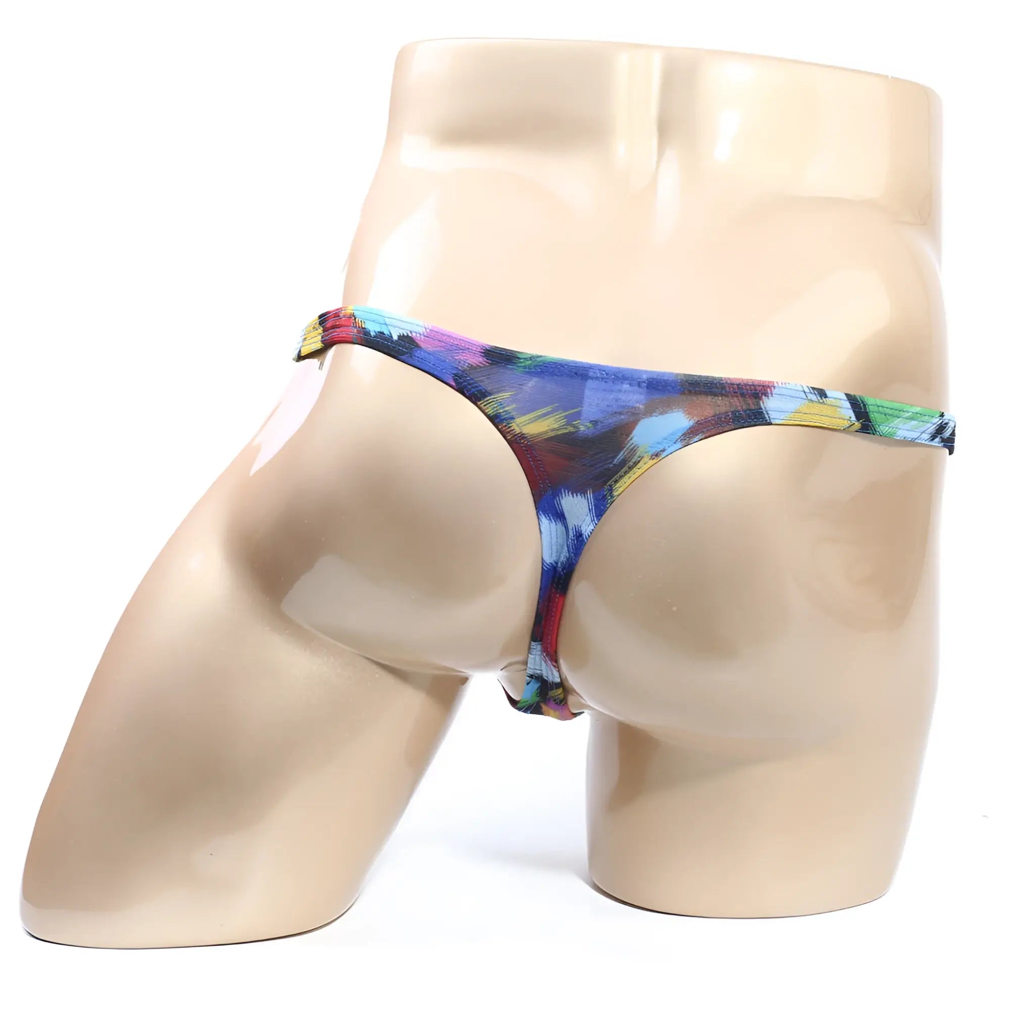 MetroMaleWear Primavera thong 2302-75 vibrant multicolored tie-dye with bold abstract blue purple yellow and green pattern