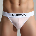 White m2w brand thong with ribbed texture and solid white waistband featured in metromalewear primo pink jockstrap 2901-02