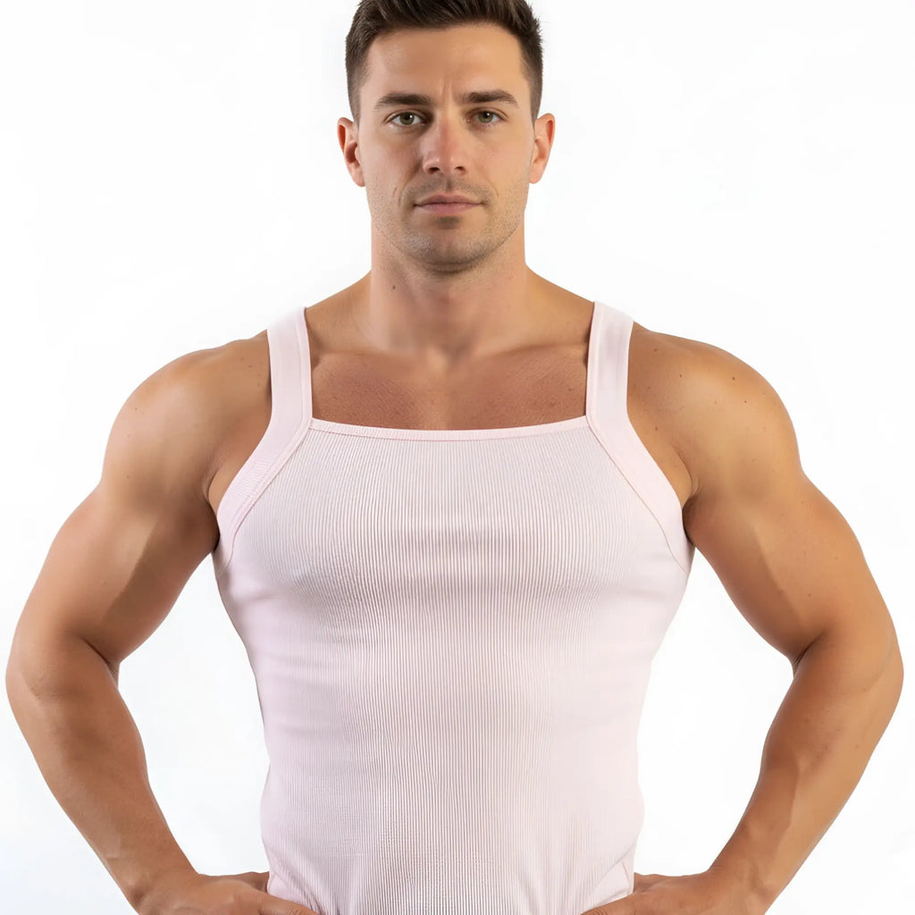 MetroMaleWear Primo pink tank top 3125-02 is a white ribbed cotton tank top with thin straps and a square neckline