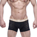 Black mesh prism short boxer briefs with a gold metromalewear logo waistband 7 inch 2022-96 model