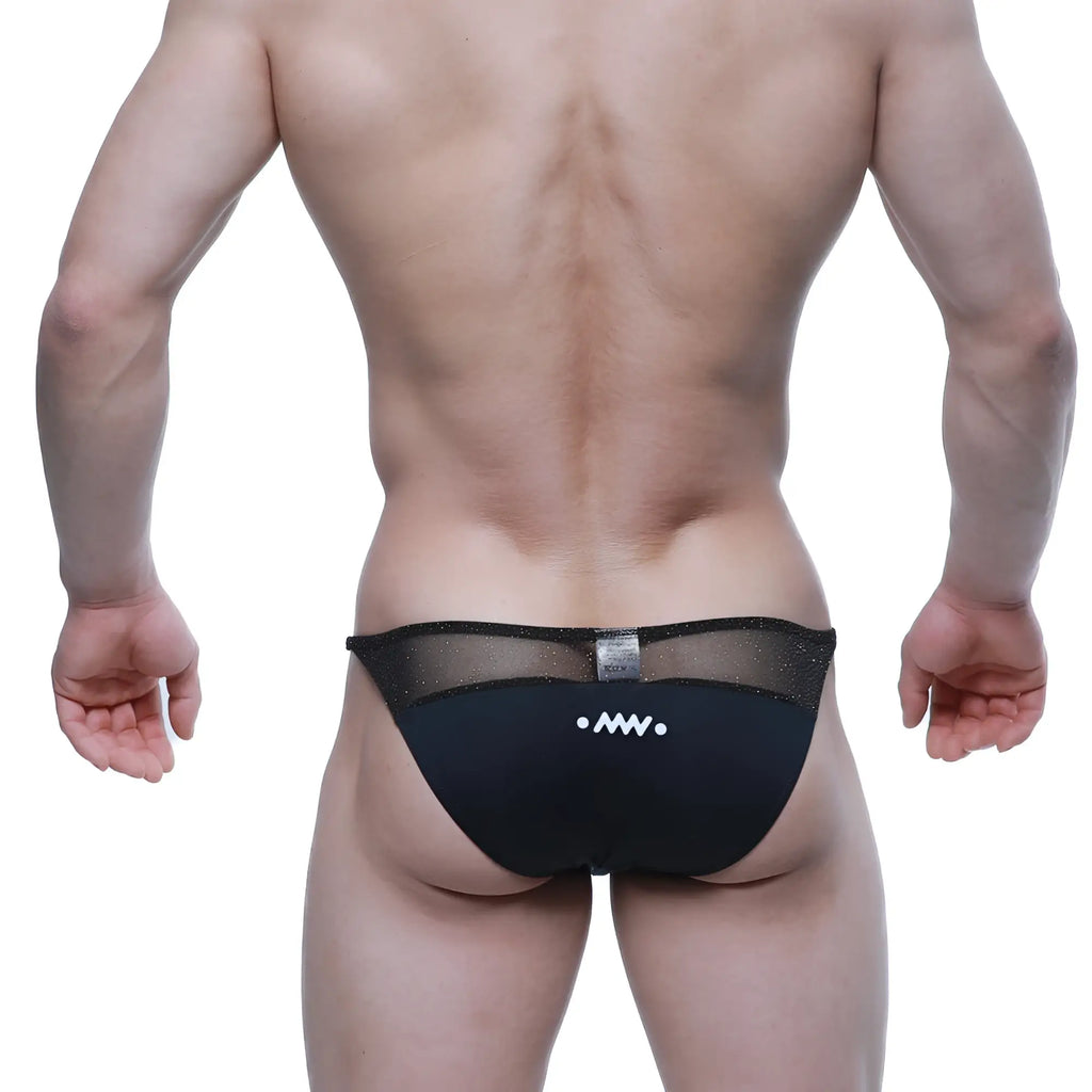Black mesh briefs metro male wear prodigy bikini gloss 6504-72 with sleek form fitting design and subtle white logo detailing