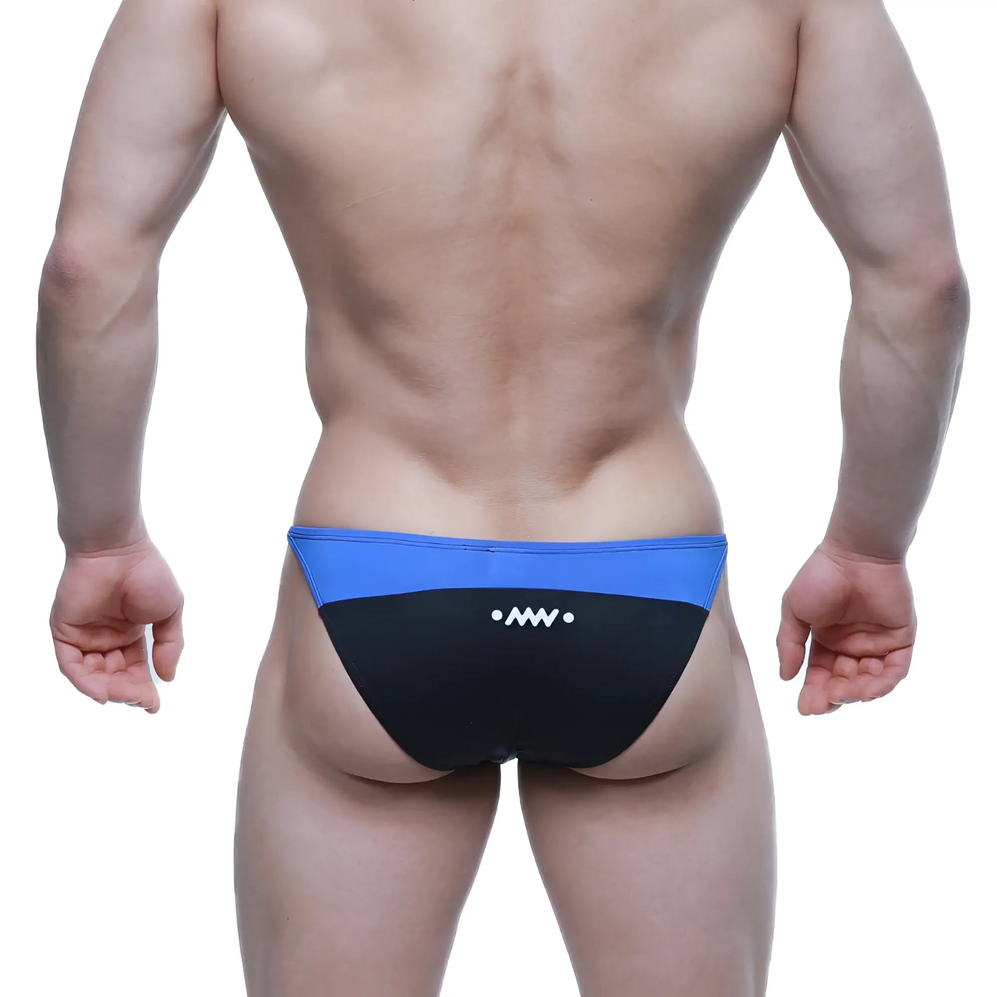 Back side of metroMalewear prodigy bikini royal swim trunks in blue and black with white logo for men