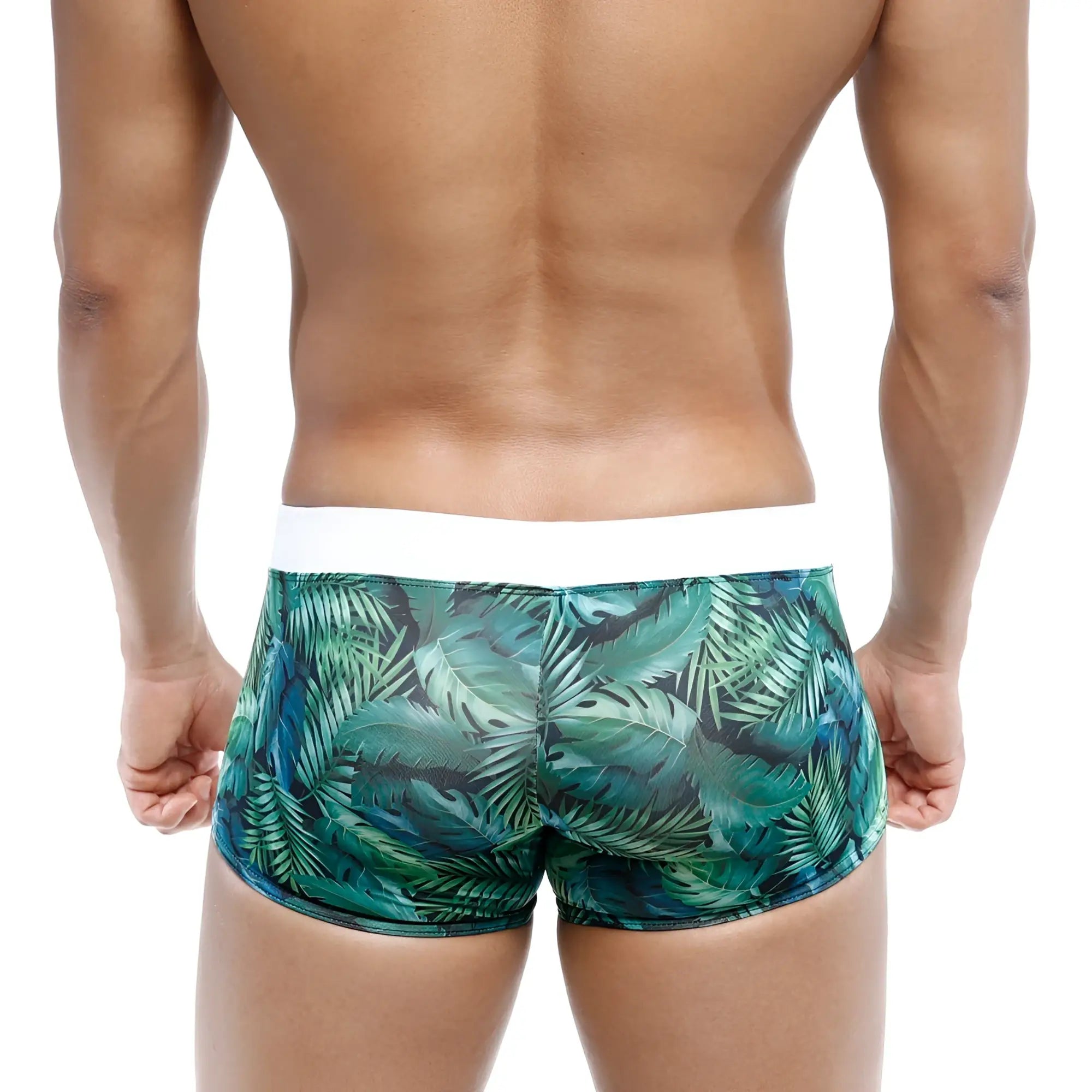 MetroMaleWear Profundo swim boxer briefs with green tropical leaf pattern and white waistband for swim use