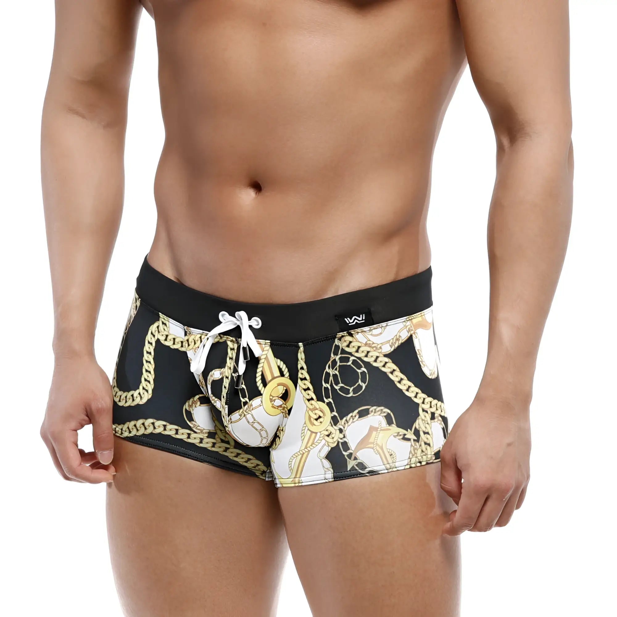 Black MetroMaleWear Profundo swim boxer briefs with bold gold and white chain pattern and black waistband