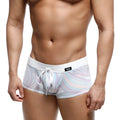 White swim trunks with pastel lavender light blue and pink swirl pattern metroMalewear profundo swim boxer briefs