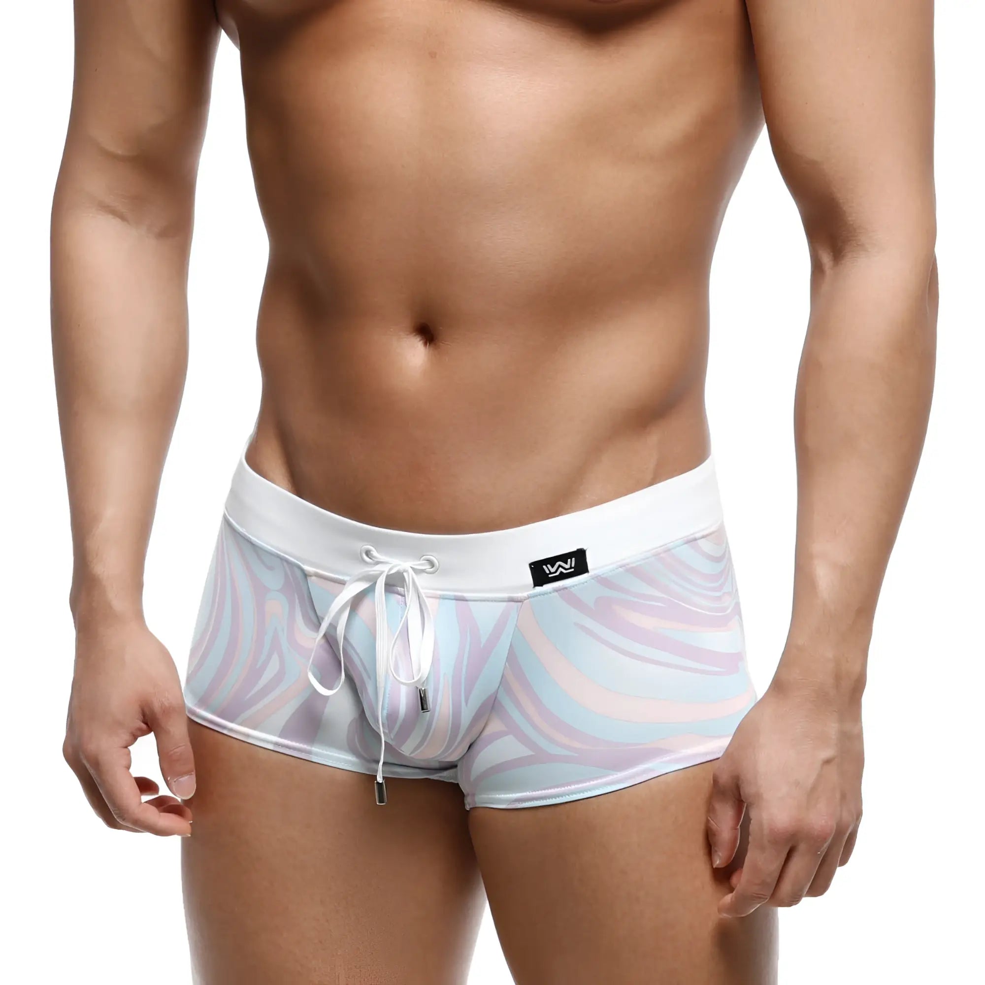 White swim trunks with pastel lavender light blue and pink swirl pattern metroMalewear profundo swim boxer briefs