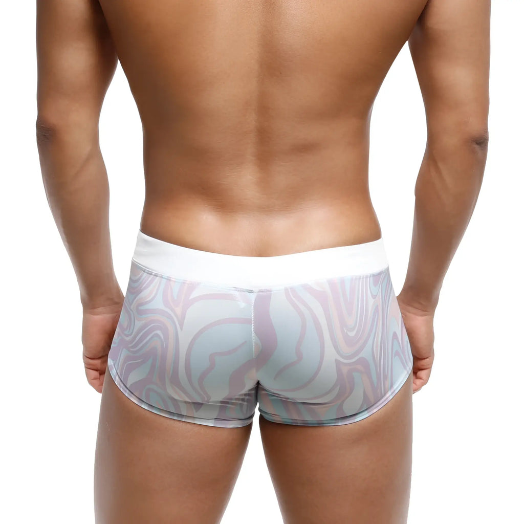 MetroMaleWear profundo swim boxer briefs with white waistband and pastel lavender light blue abstract swirl pattern