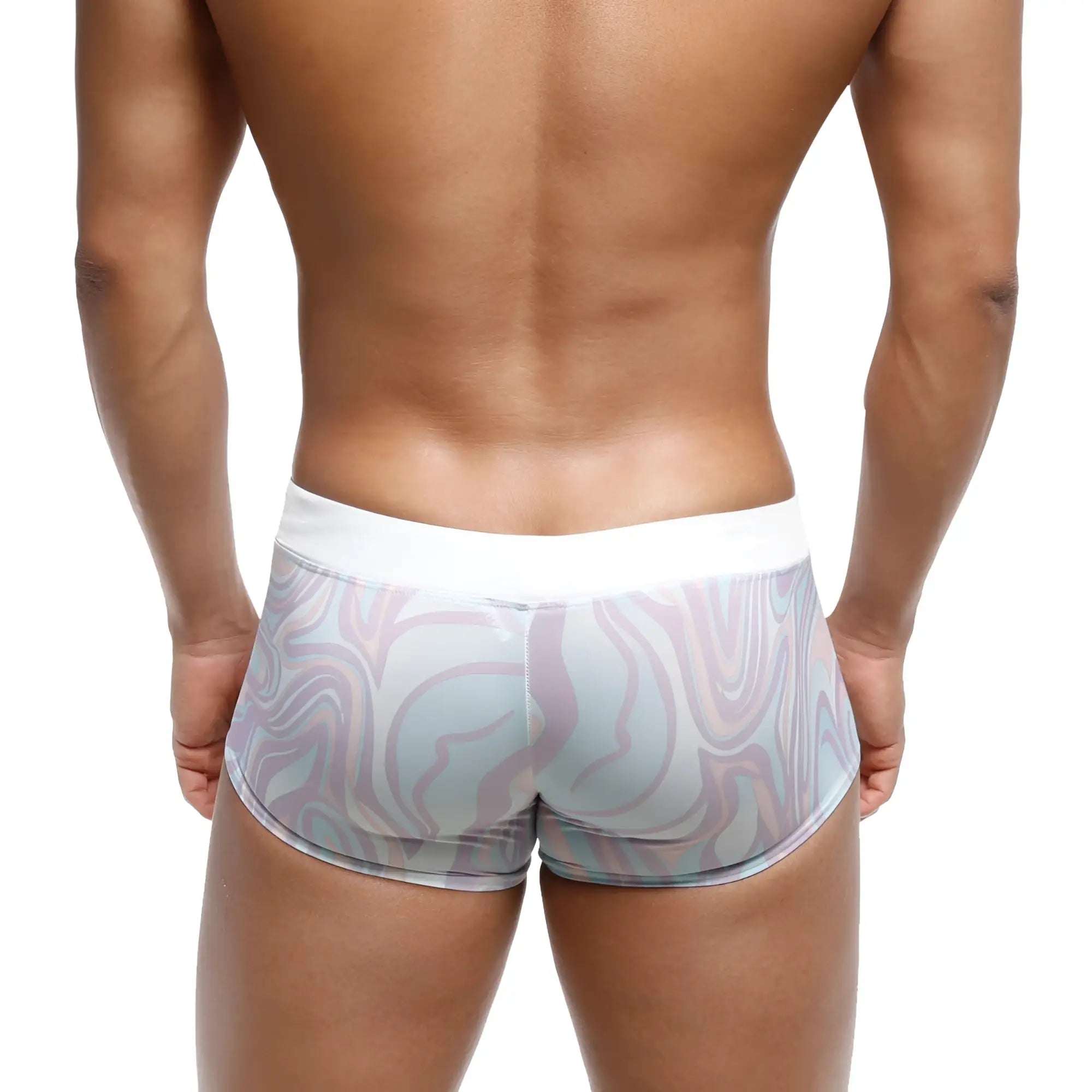 MetroMaleWear profundo swim boxer briefs with white waistband and pastel lavender light blue abstract swirl pattern