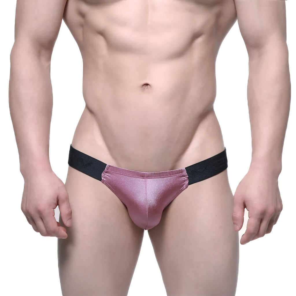 MetroMaleWear Puente bikini dusty pink metallic briefs with black elastic waistband made of pu material