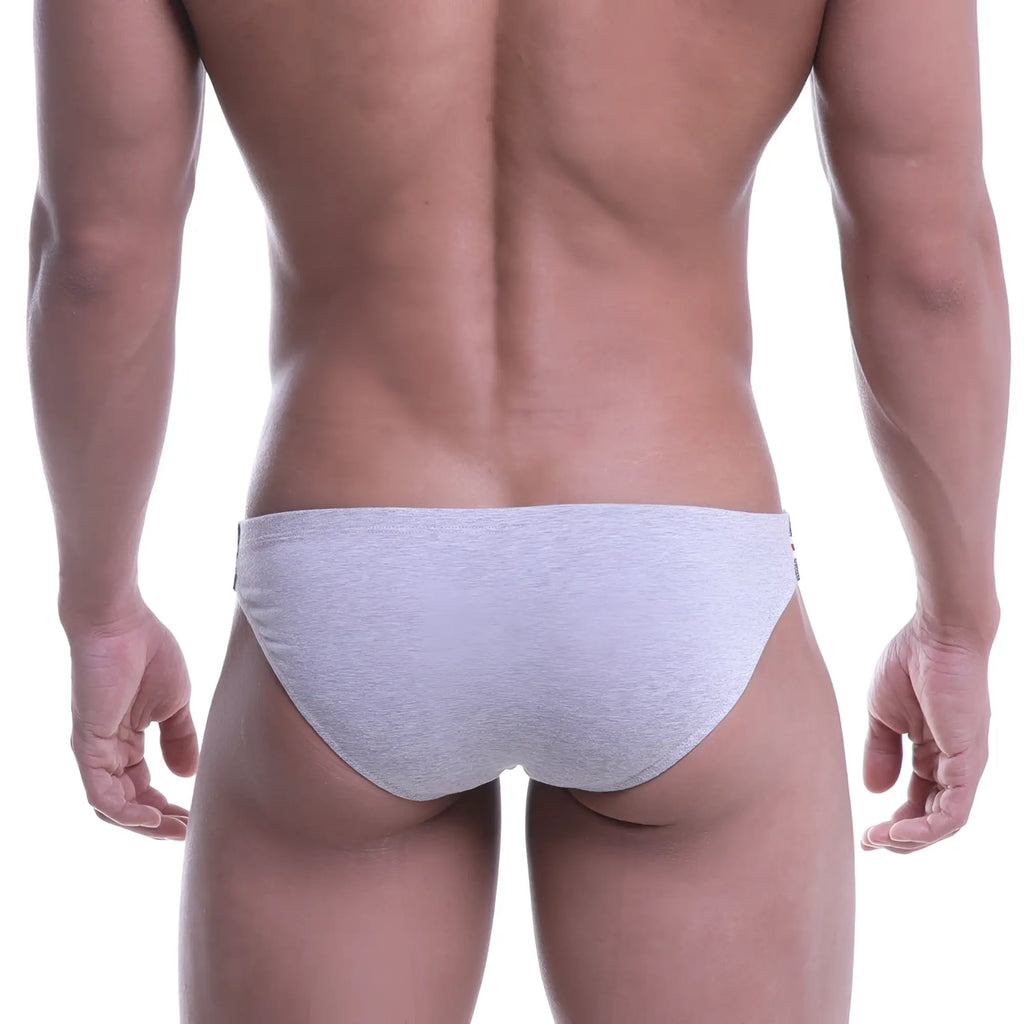Gray heathered MetroMaleWear Puente bikini briefs with subtle logo on the side in comfortable breathable fabric