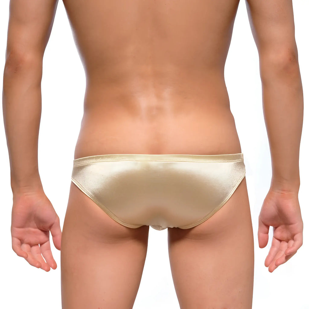 A sleek metallic gold satin brief with smooth shiny finish and clean stitching from MetroMaleWear Puente Bikini Lujos 3603-22