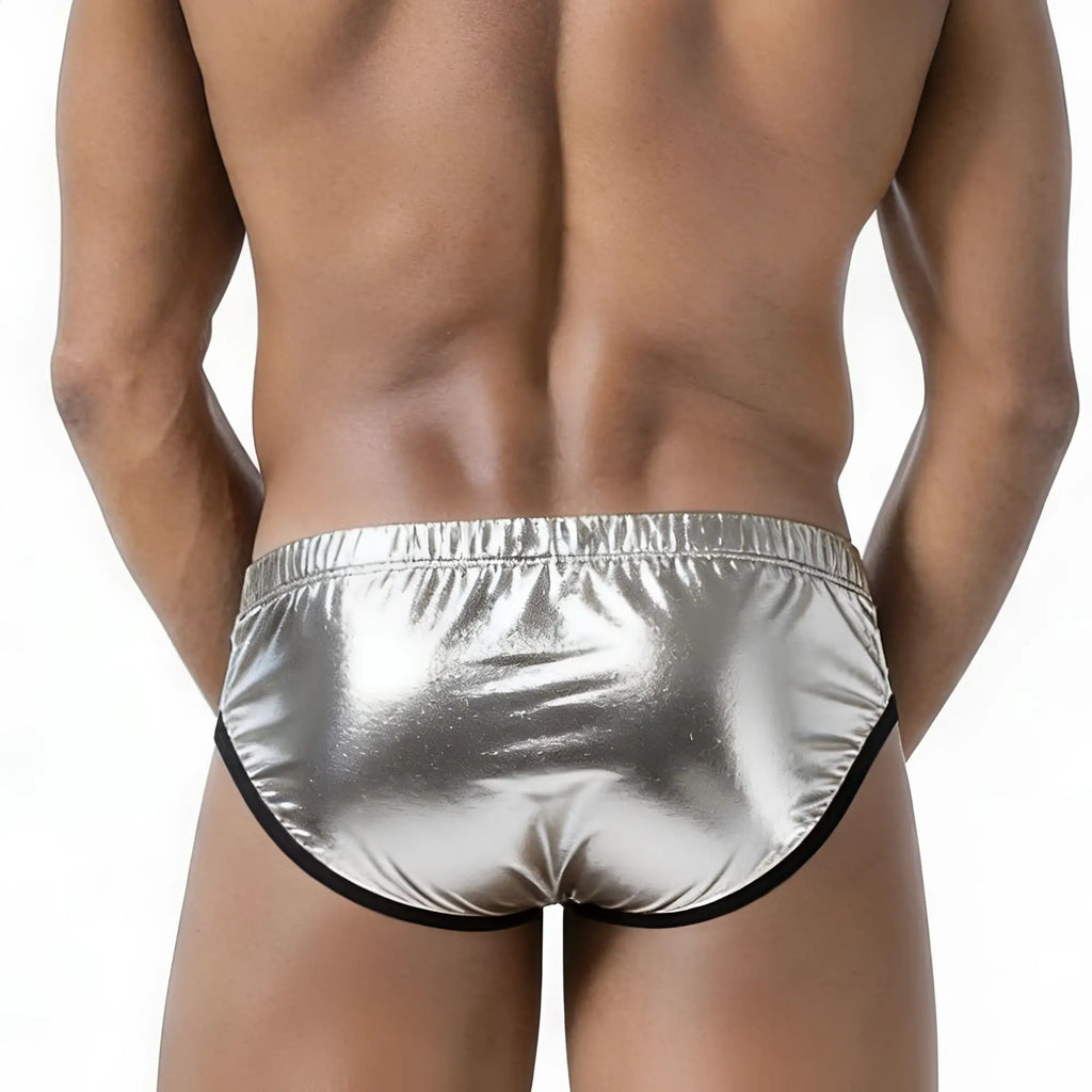 Shiny silver metallic briefs with black trim from MetroMaleWear Puente bikini metallic silver 3603-M10 product line