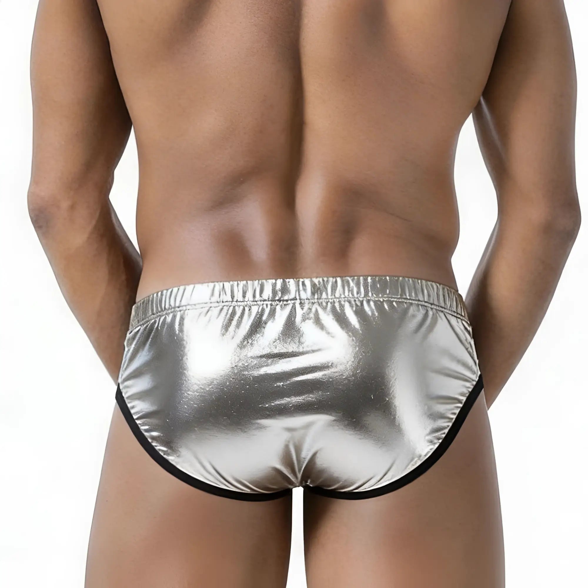 Shiny silver metallic briefs with black trim from MetroMaleWear Puente bikini metallic silver 3603-M10 product line