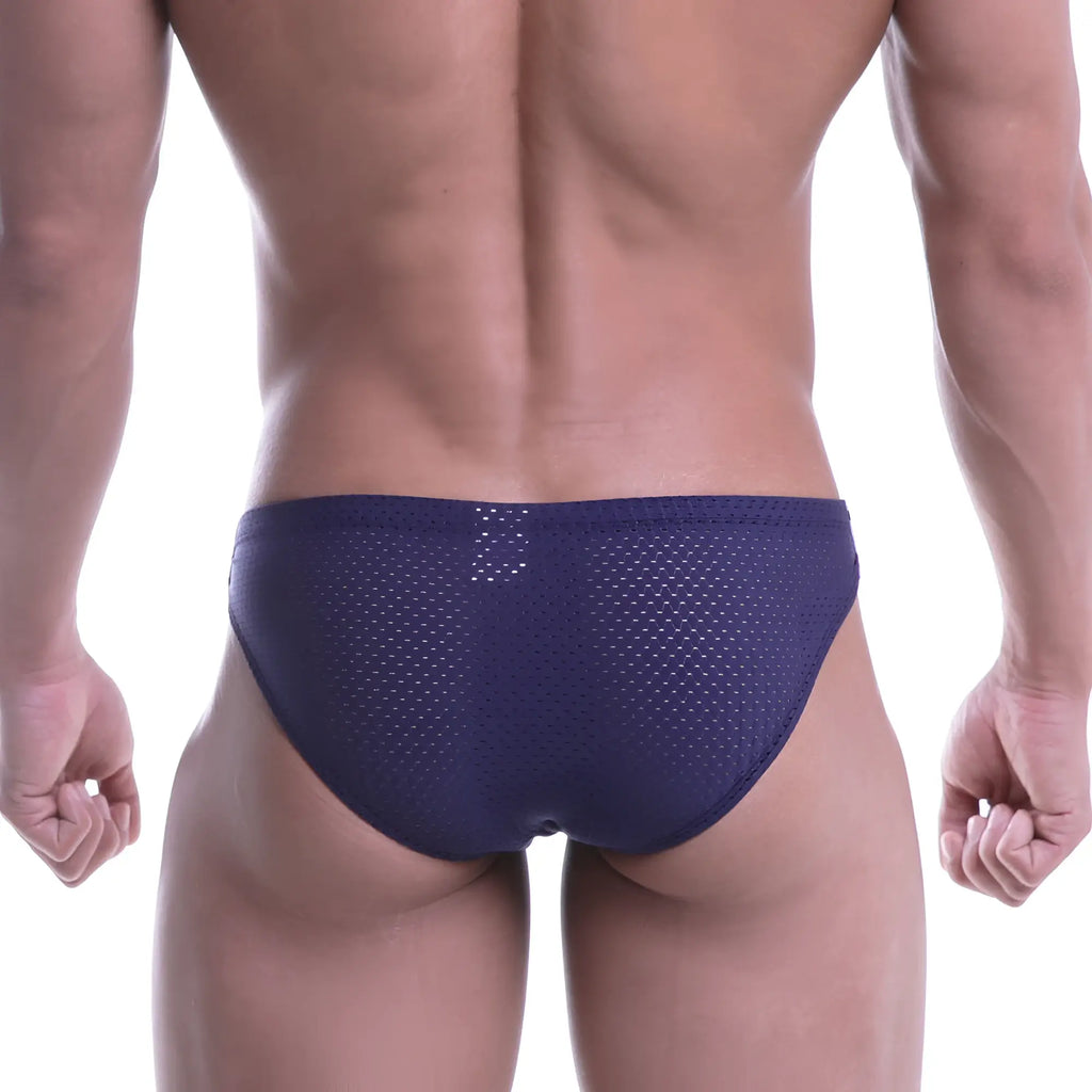 Navymalewear puente bikini navy 3603-28 mesh briefs in navy blue with breathable mesh fabric front view