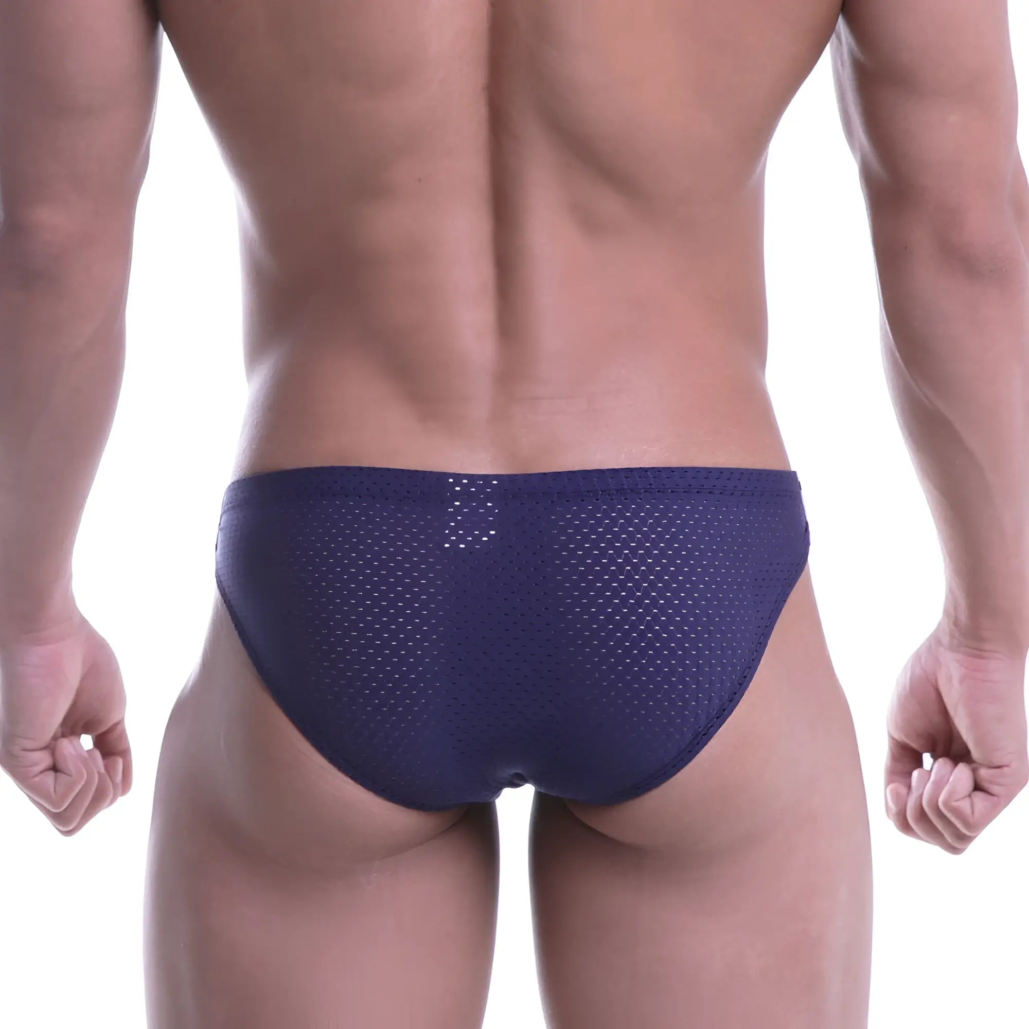 Navymalewear puente bikini navy 3603-28 mesh briefs in navy blue with breathable mesh fabric front view