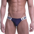 Navy blue mesh briefs with white elastic waistband featuring the word love by MetroMaleWear Puente Bikini 3603-28
