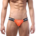 Bright orange mesh briefs with black elastic waistbands featuring white metro wear branding from MetroMaleWear Puente Bikini 3603-14