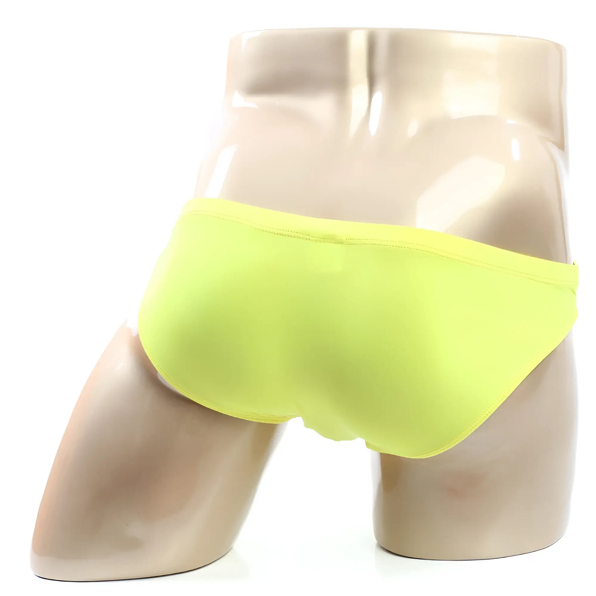 Bright neon yellow briefs by metromalewear puentebikini oro 3603-15 displayed on a mannequin