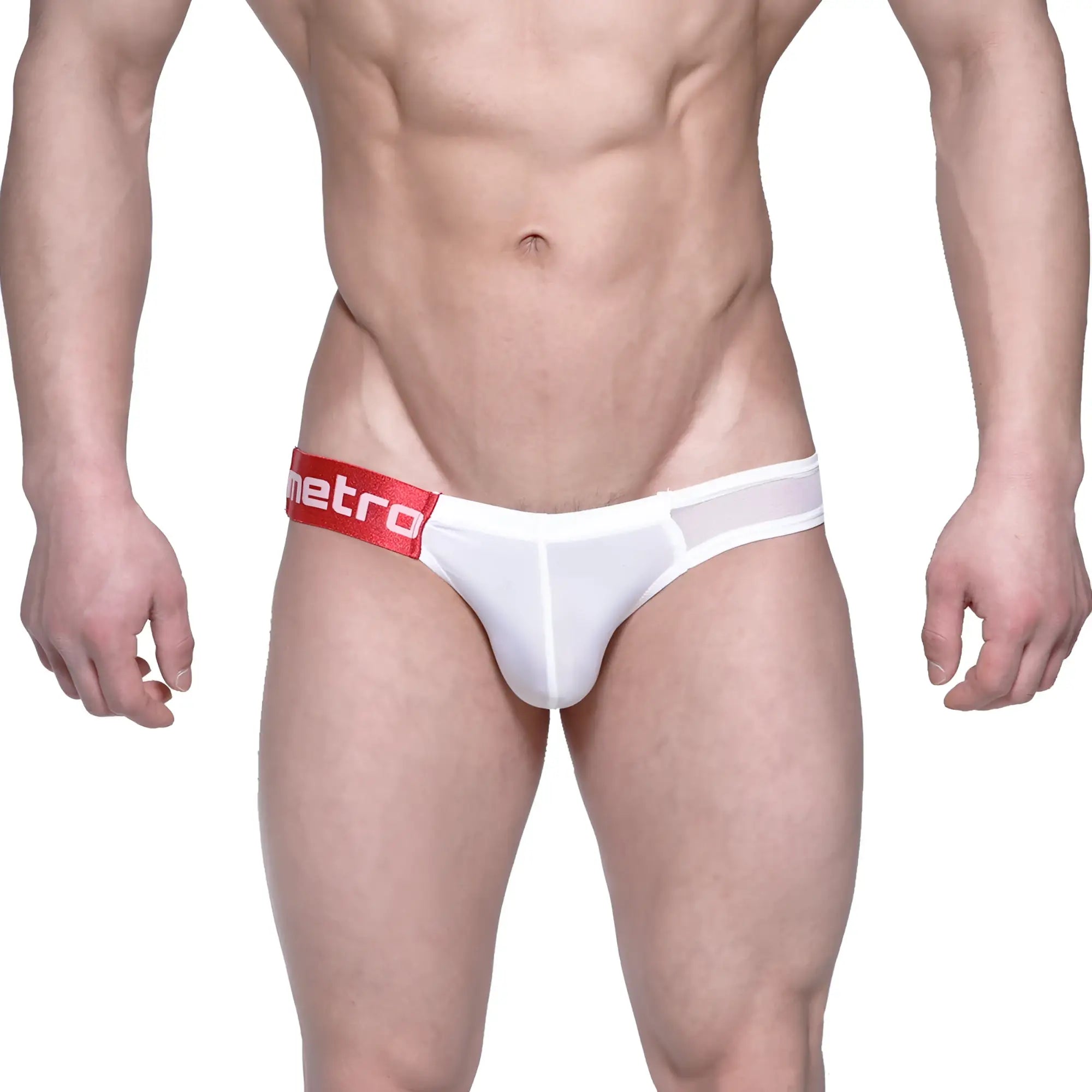 White men’s briefs with red waistband featuring metro logo in white lettering made of breathable mesh material