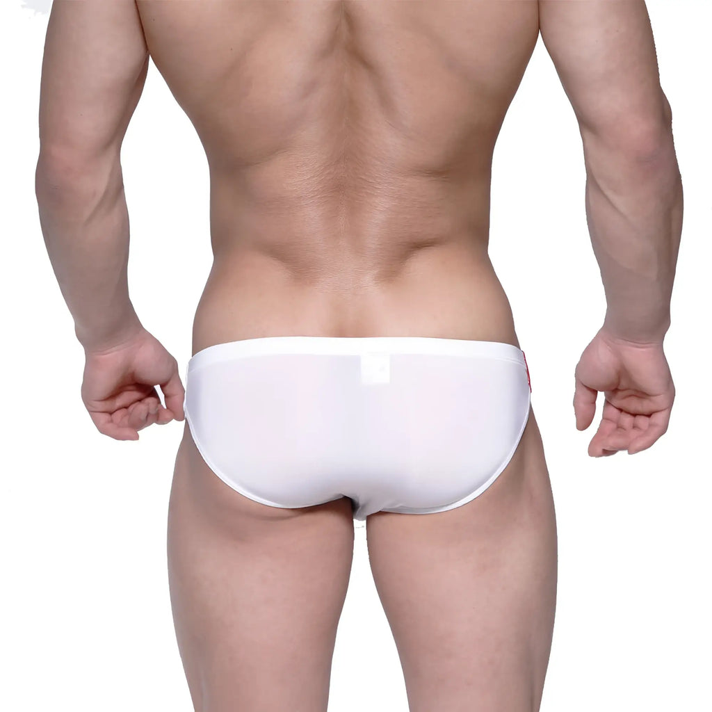 Back view of MetroMaleWear Puente Bikini white mesh swim trunks with smooth stretchy fabric and subtle seam detail