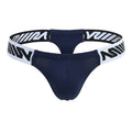 Navy blue MetroMaleWear Puente thong with white elastic waistband featuring bold black w logos front view