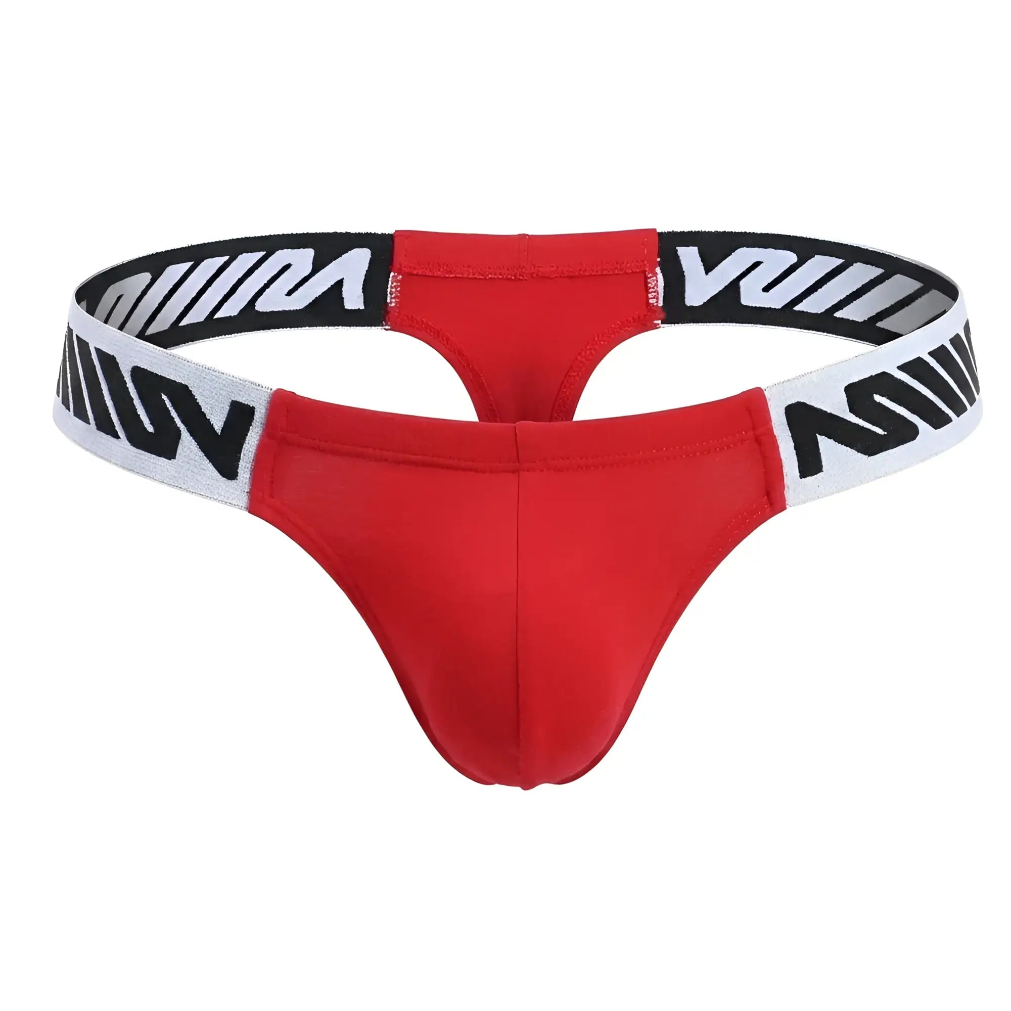 MetroMaleWear Puente thong red with black and white striped waistband and bold stylized lettering front view
